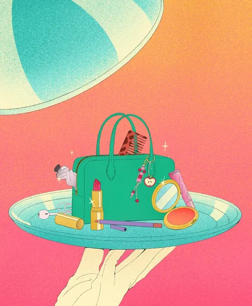 Tray with green handbag and various makeup products on pink background.