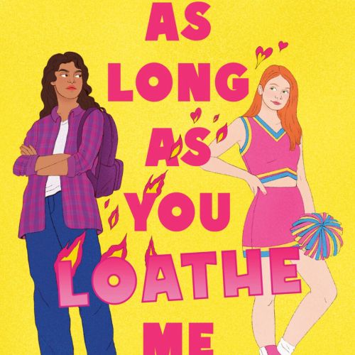 Two teenage girls standing by book title on yellow background