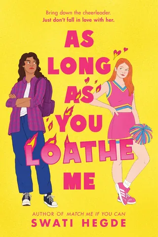 Two teenage girls standing by book title on yellow background