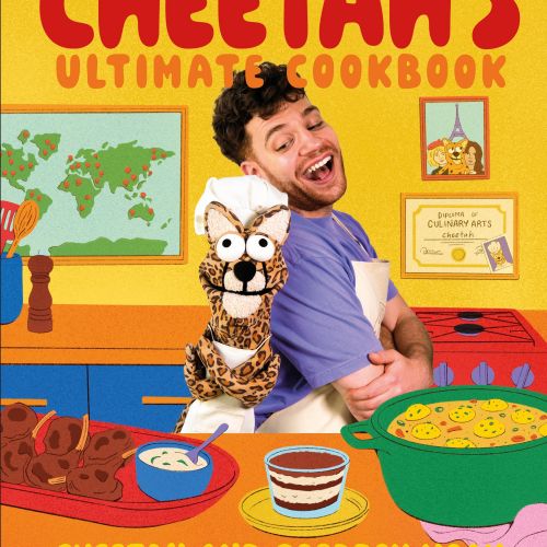 Cookbook cover with man and cheetah puppet cooking