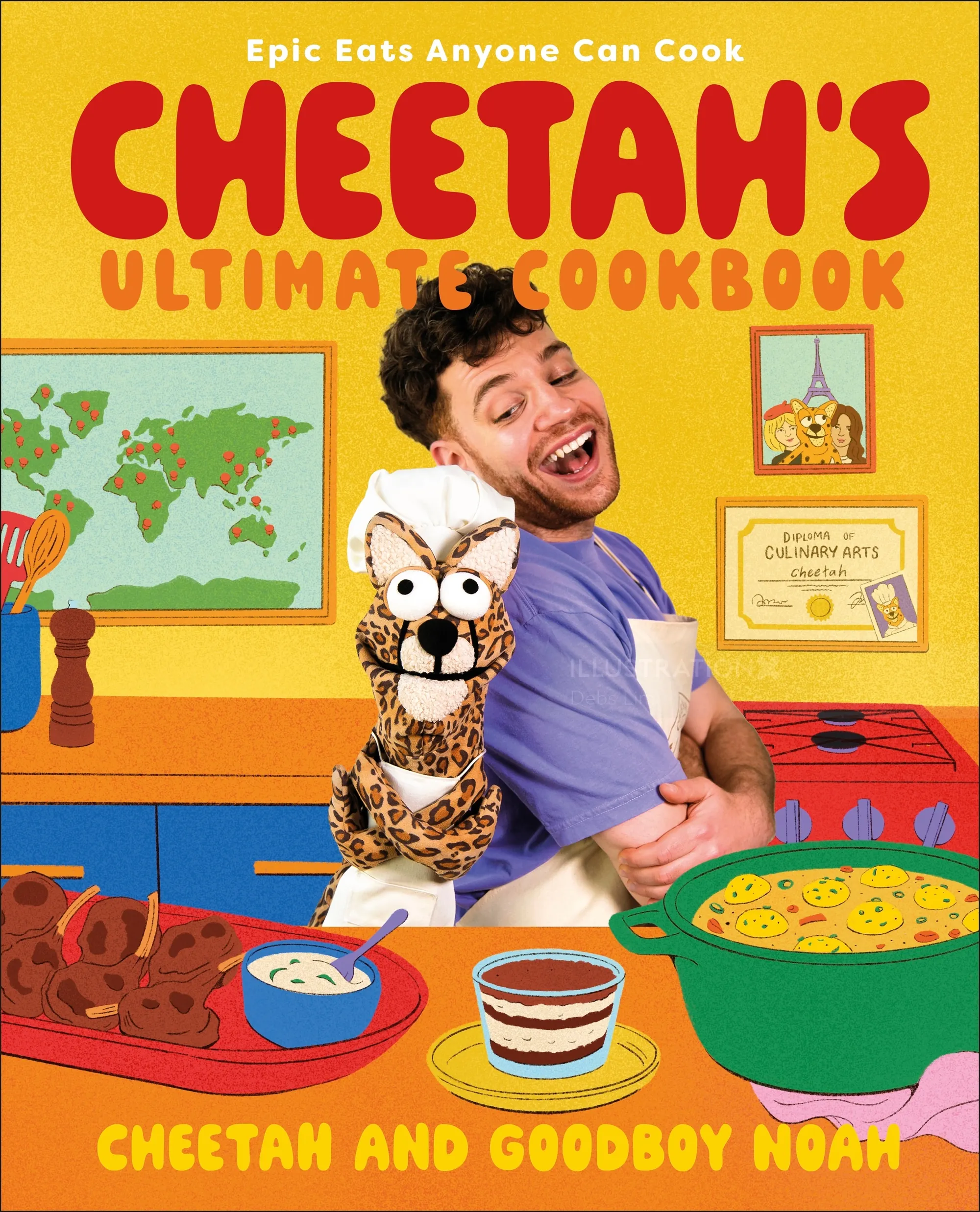 Cookbook cover with man and cheetah puppet cooking
