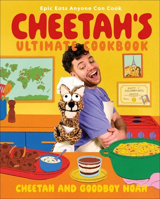 Cookbook cover with man and cheetah puppet cooking