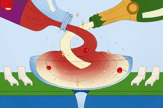 Two bottles pouring ingredients into a wine glass with cherries
