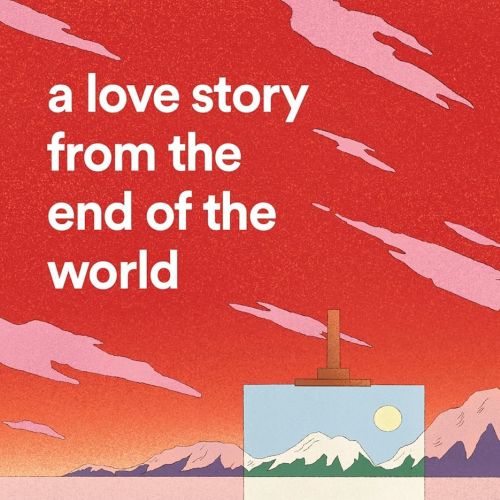 Painting on easel of mountain landscape with red sky and fox nearby