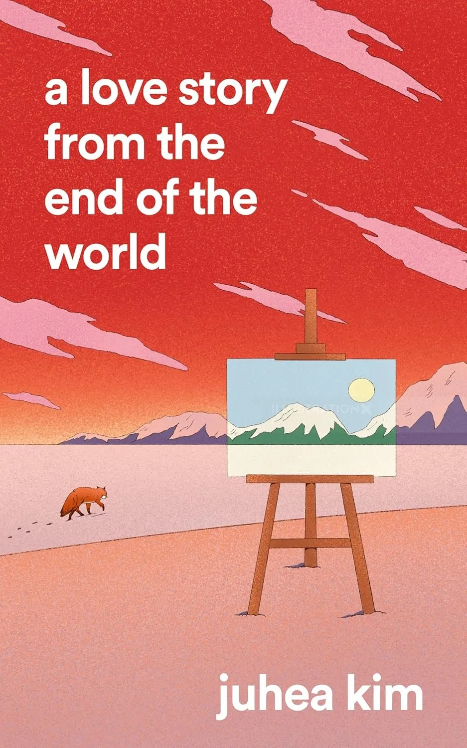 Painting on easel of mountain landscape with red sky and fox nearby