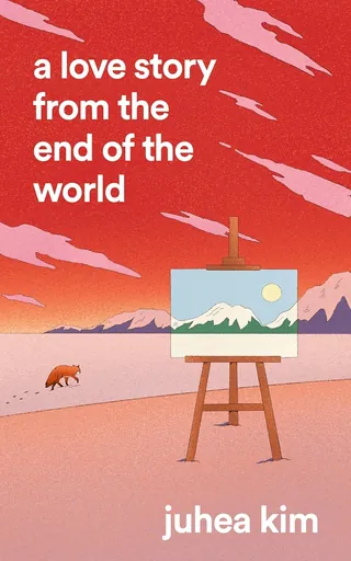 Painting on easel of mountain landscape with red sky and fox nearby