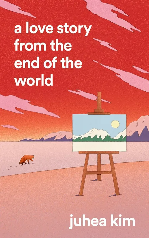 Painting on easel of mountain landscape with red sky and fox nearby