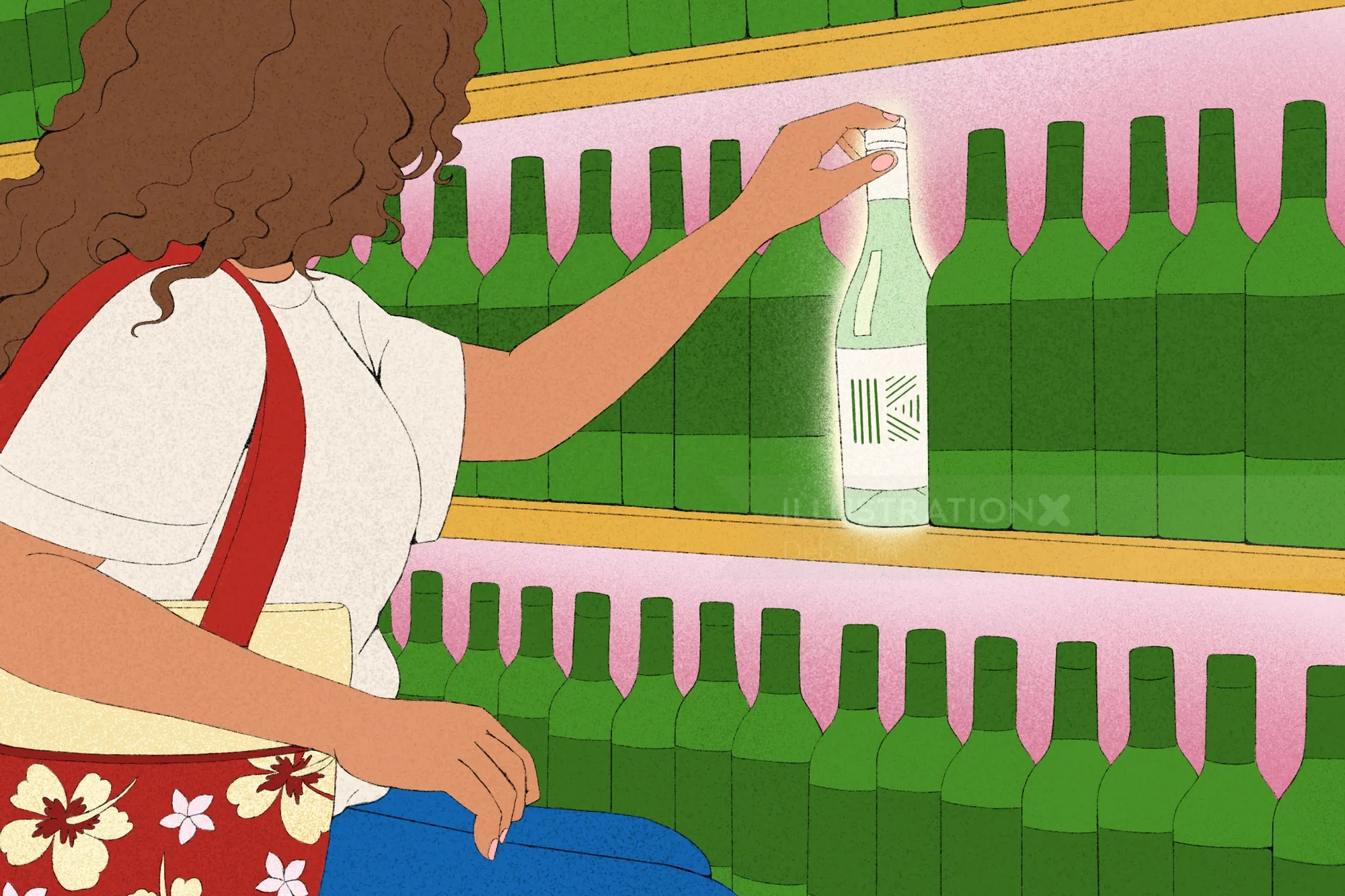 Illustration of person selecting a green beverage bottle on shelf by Debs Lim