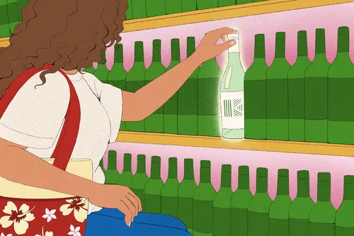 Illustration of person selecting a green beverage bottle on shelf by Debs Lim