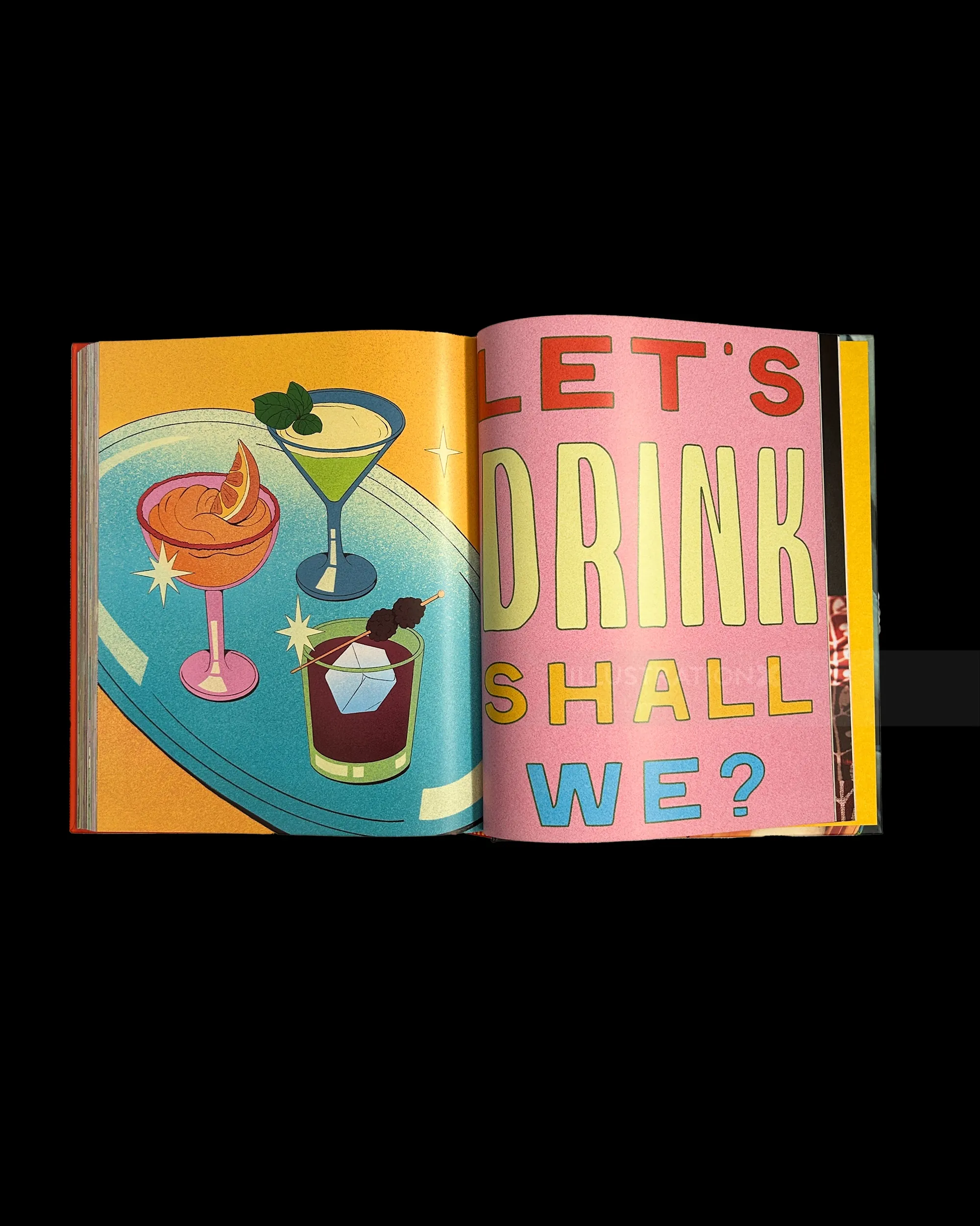 Colorful cocktail illustrations and text 'Let's drink shall we?' by Debs Lim