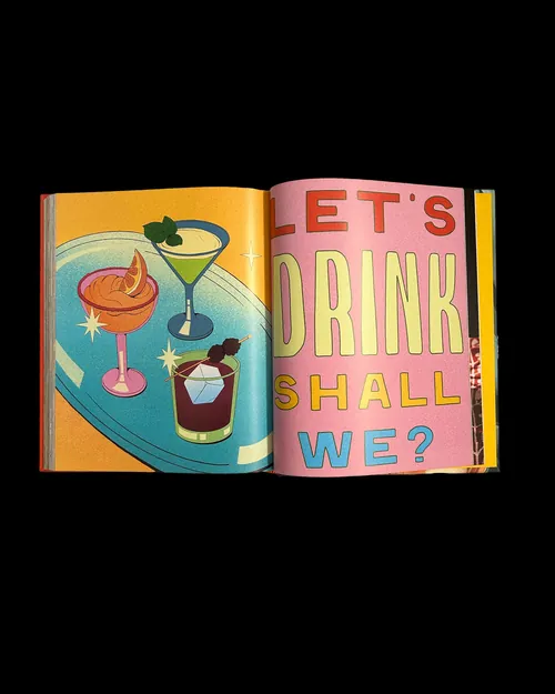 Colorful cocktail illustrations and text 'Let's drink shall we?' by Debs Lim