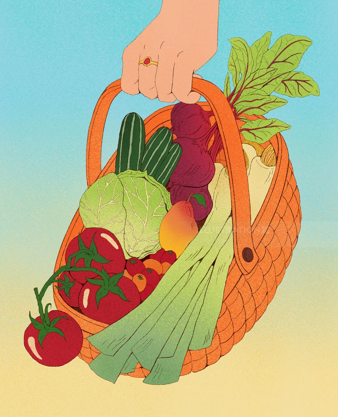 Hand holding basket with tomatoes, cabbage, beets, and greens by Debs Lim