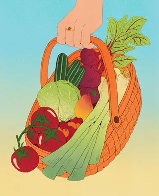 新鮮な野菜の入ったバスケットを持つ手 | Illustration by Debs Lim