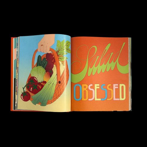 Hand holding basket of vegetables next to colorful 'Salad Obsessed' text by Debs Lim
