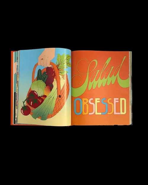 Hand holding basket of vegetables next to colorful 'Salad Obsessed' text by Debs Lim