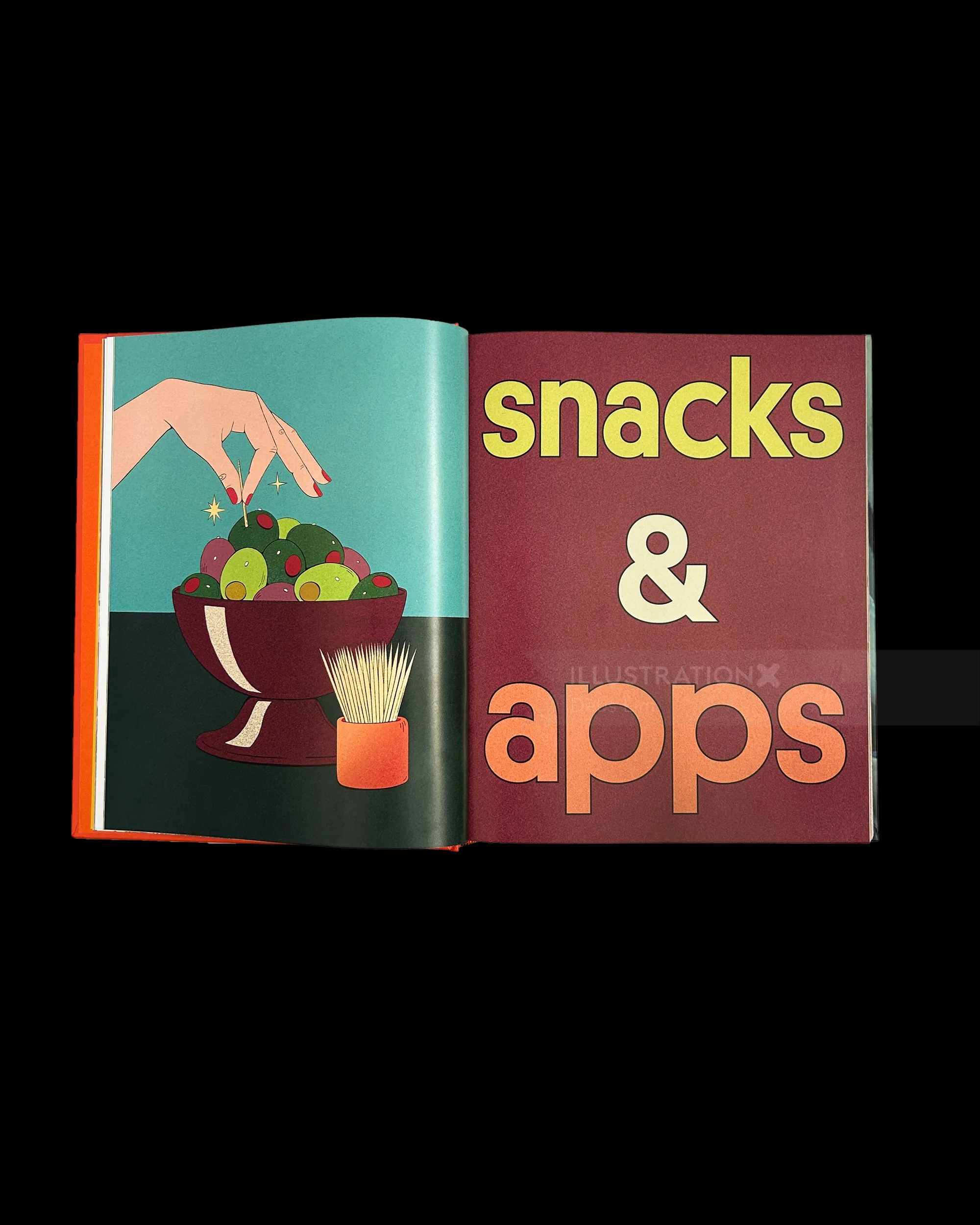 Illustrated cookbook page showing snacks and apps section by Debs Lim