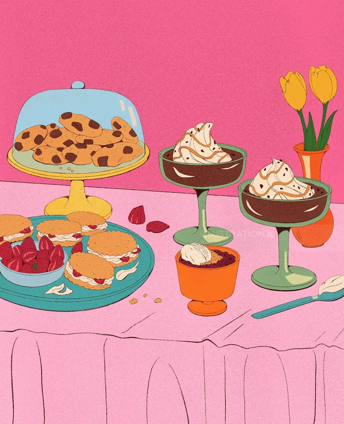 Illustrated desserts and cookies on table with pink background by Debs Lim