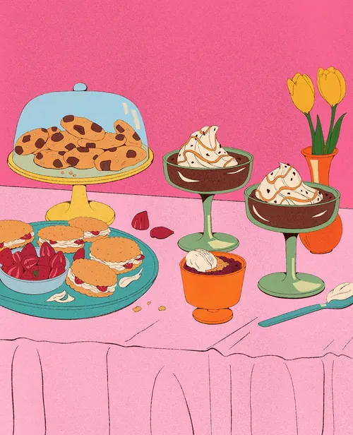 Illustrated desserts and cookies on table with pink background by Debs Lim