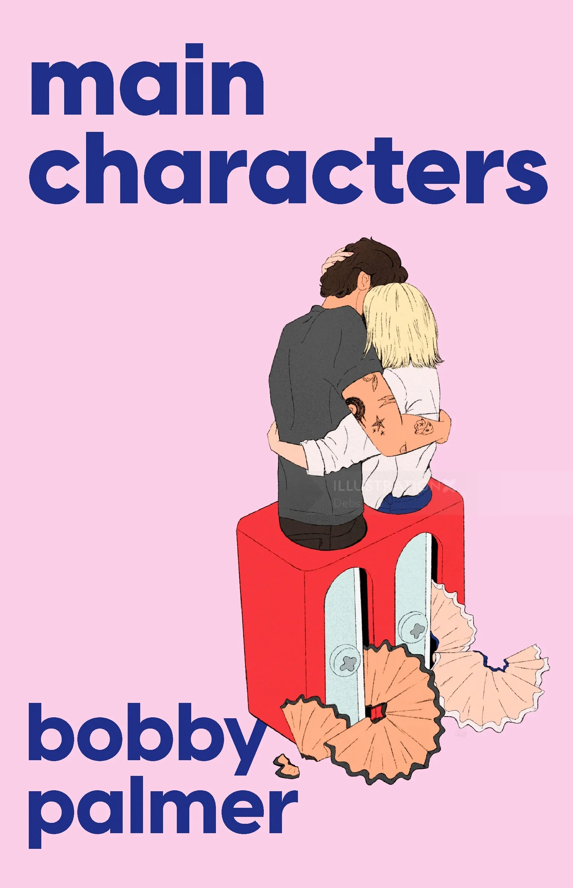 A couple embracing while sitting on a red suitcase by Debs Lim