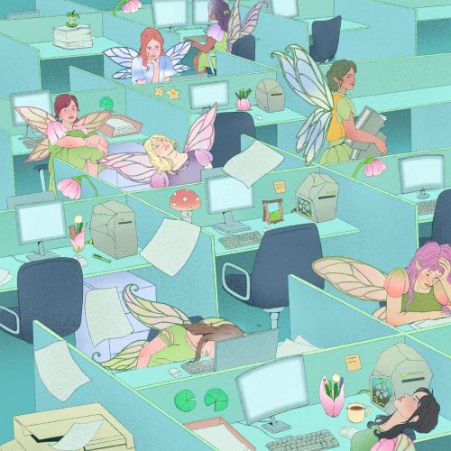 Illustration of fairies working in an office full of cubicles by Debs Lim