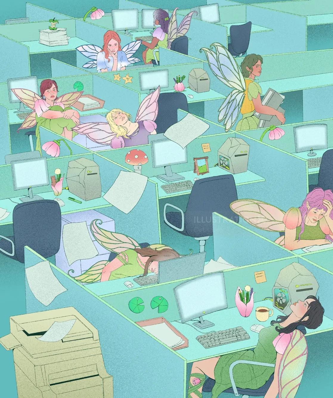 Illustration of fairies working in an office full of cubicles by Debs Lim