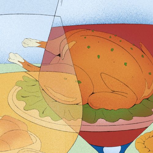 Illustration of roasted turkey and glasses of wine by Debs Lim