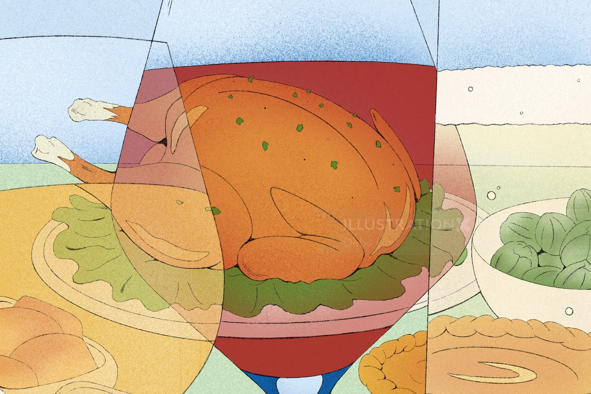 Illustration of roasted turkey and glasses of wine by Debs Lim