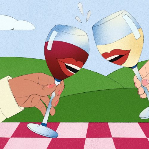 Two people clinking wine glasses outdoors by Debs Lim