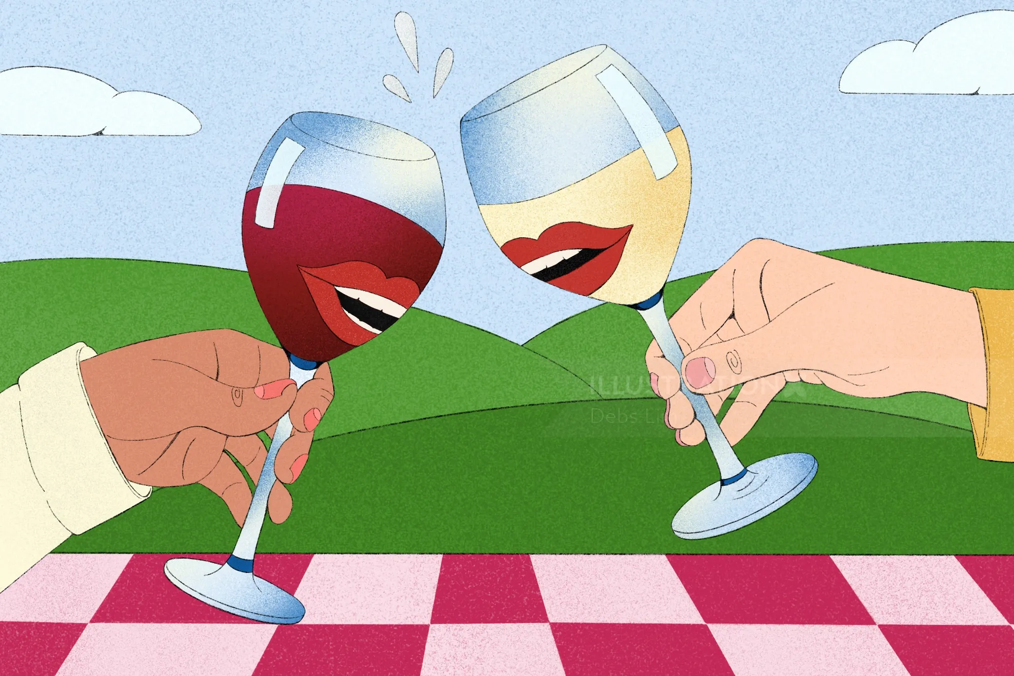 Two people clinking wine glasses outdoors by Debs Lim