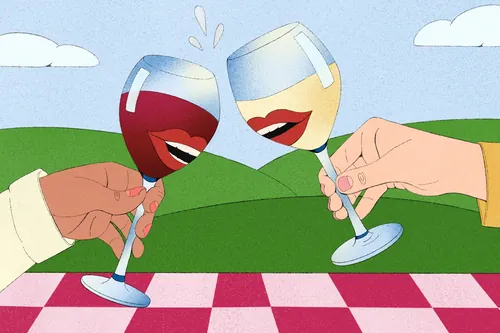 Two people clinking wine glasses outdoors by Debs Lim