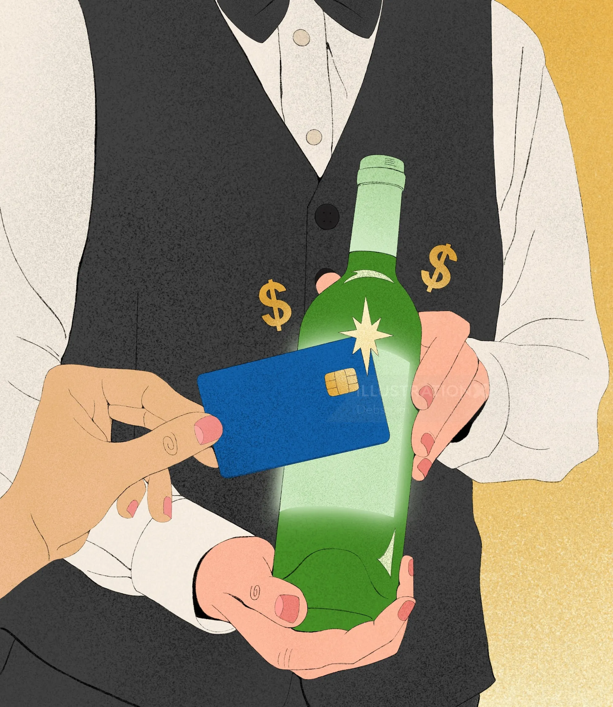 Person scanning credit card on green bottle held by cashier by Debs Lim