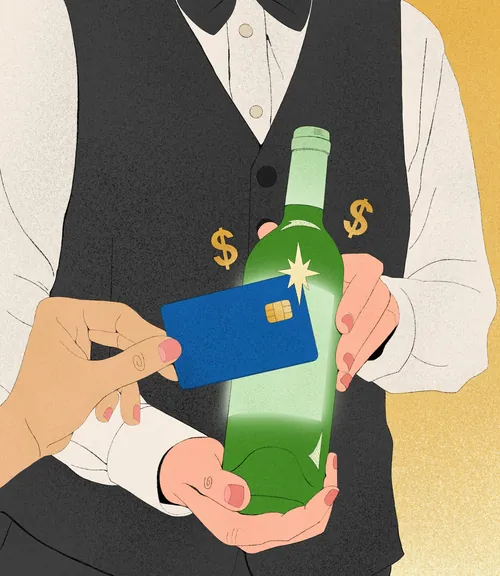 Person scanning credit card on green bottle held by cashier by Debs Lim