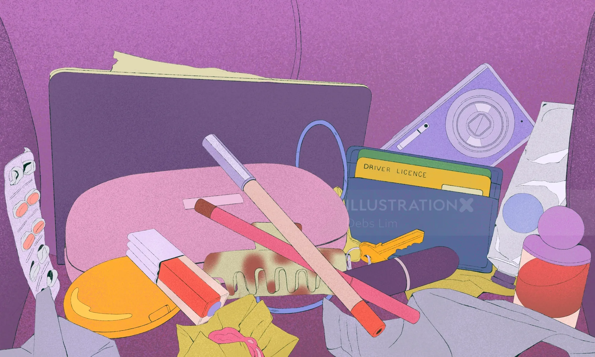 Inside handbag showing cosmetics and stationery by Debs Lim