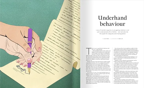 Debs Lim Illustration einer Handschrift neben einem Artikel über unterwürfiges Verhalten