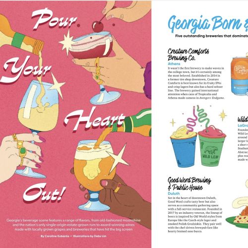Debs Lim illustrated cocktail spread with recipes and colorful drinks