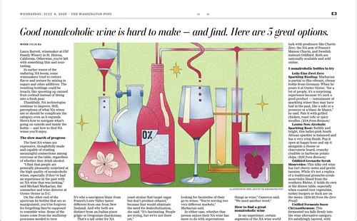Debs Lim Abbildung von alkoholfreien Weinflaschen und -gläsern in einem Zeitschriftenartikel