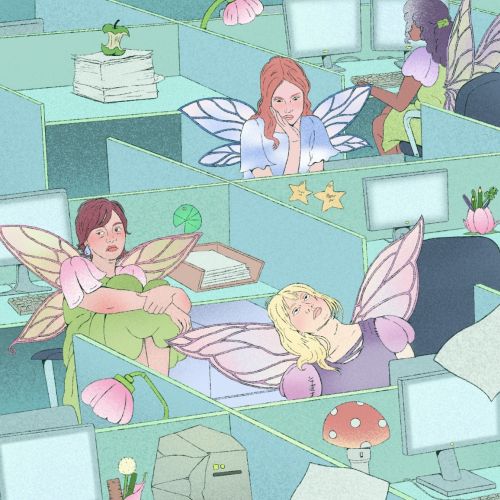 Debs Lim illustration of fairies relaxing and working in a pastel office