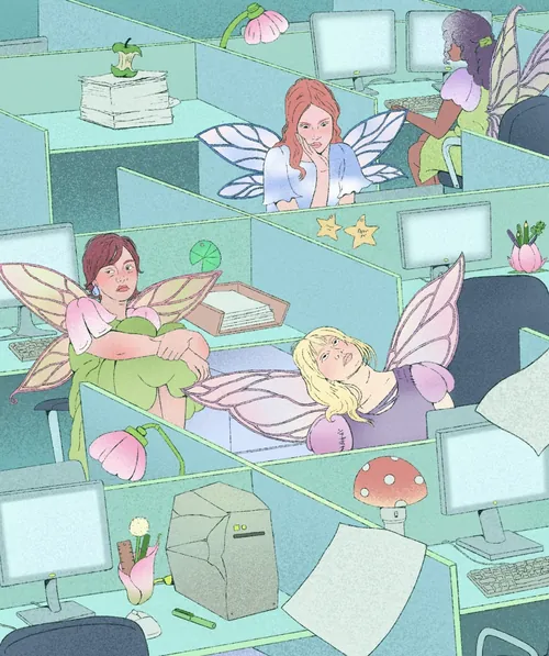 Debs Lim Illustration de fées se détendant et travaillant dans un bureau aux tons pastel