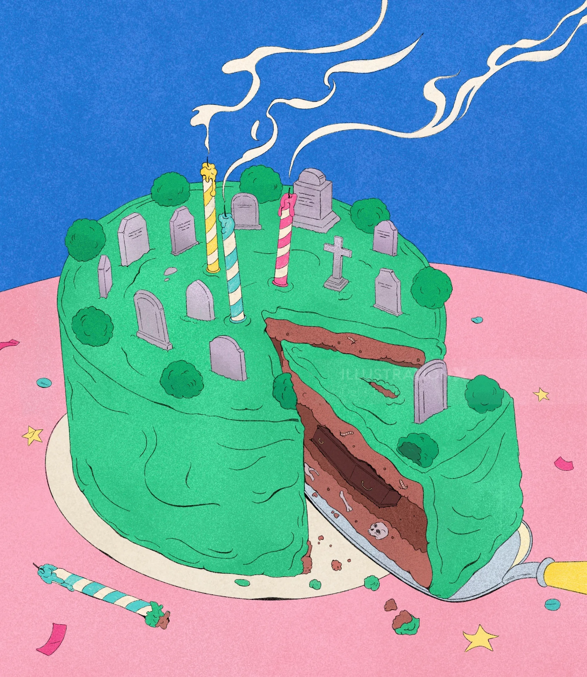 Cementerio con forma de pastel de cumpleaños de Debs Lim, con lápidas y velas.