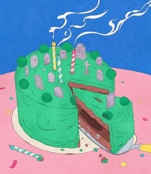 Cementerio con forma de pastel de cumpleaños de Debs Lim, con lápidas y velas.
