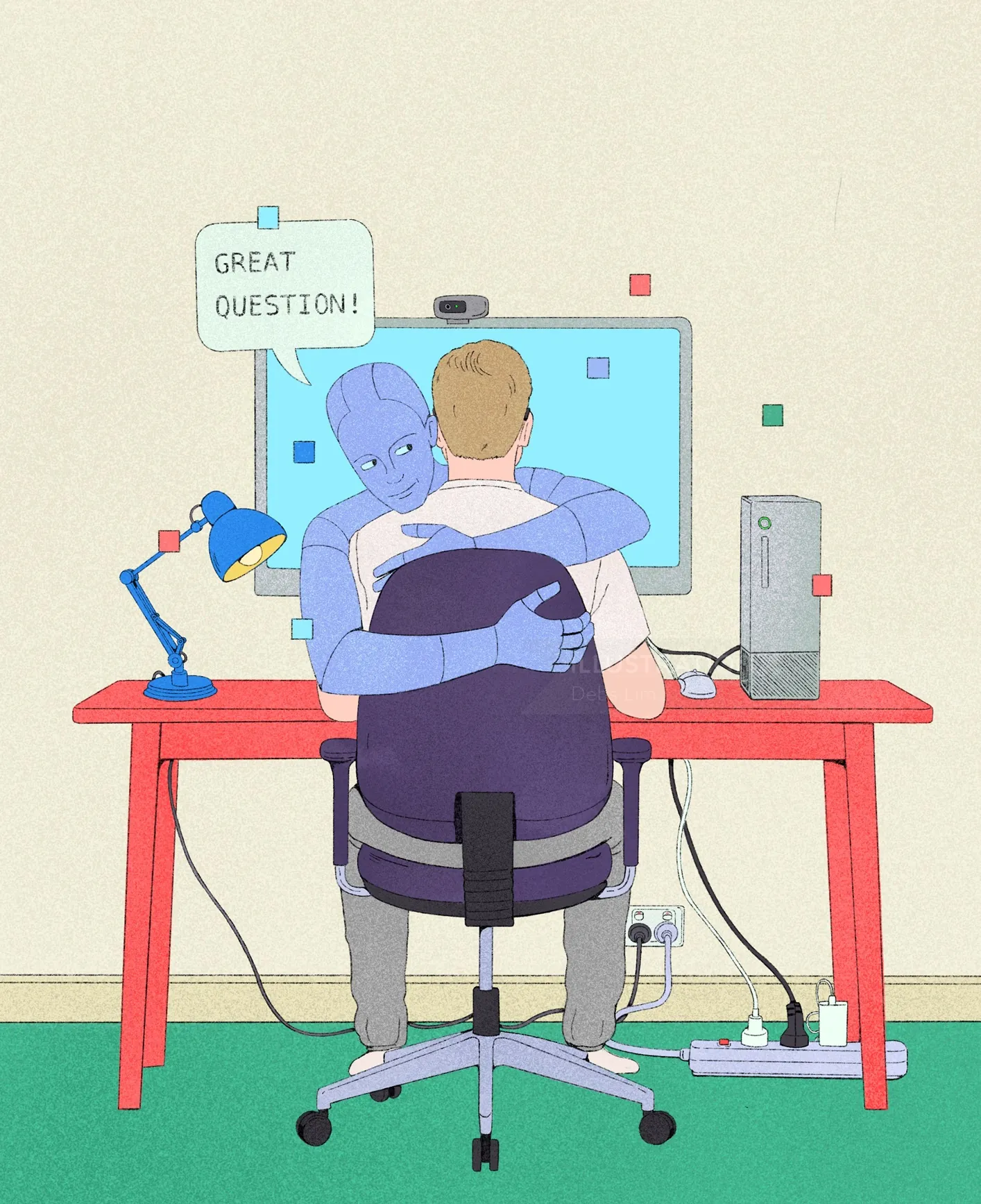 Illustration by Debs Lim of a robot embracing a man at his computer