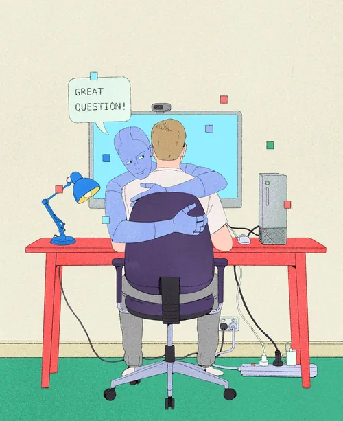 Illustration by Debs Lim of a robot embracing a man at his computer