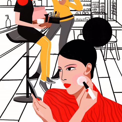 Line drawing of women applying makeup