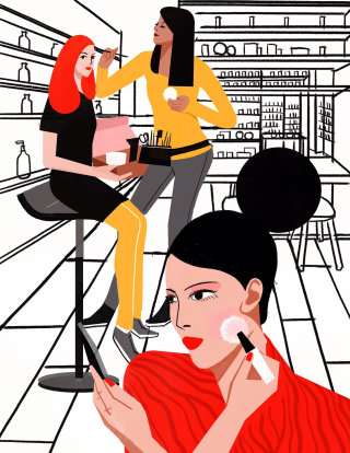 Desenho de mulheres aplicando maquiagem