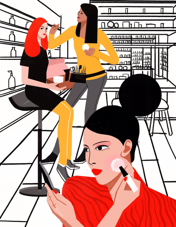 Line drawing of women applying makeup