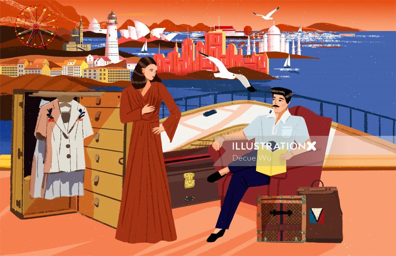 Ilustração do estilo de vida de uma viagem de barco