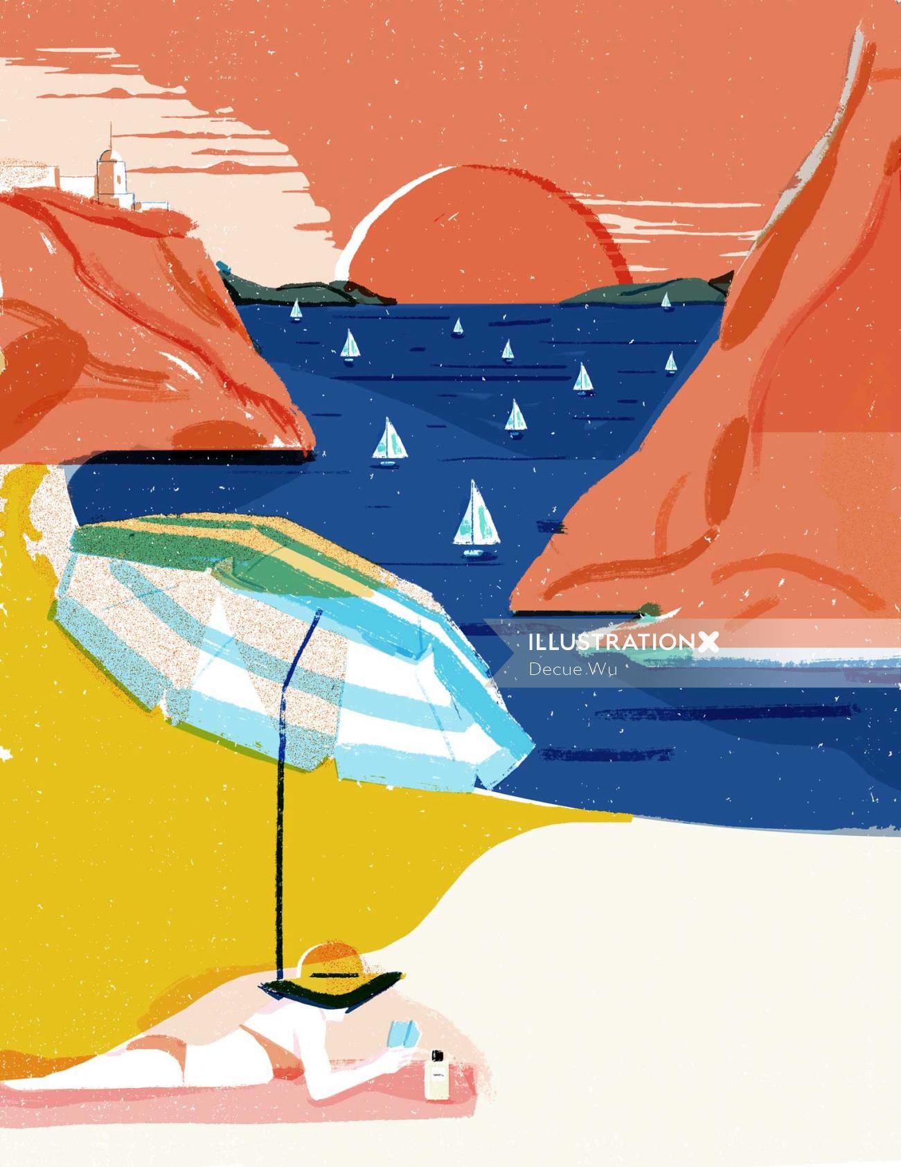 A ilustração editorial de férias na praia para a Elle decoration China
