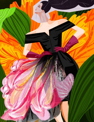 Illustration de mode de robe à fleurs noires