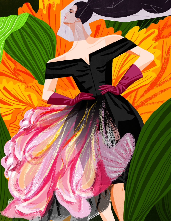 Ilustração de moda de vestido de flor preta