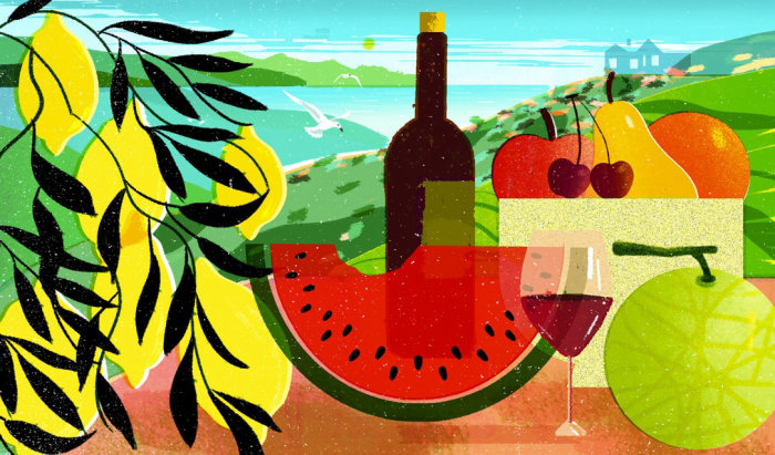 Ilustração digital de vinho e comida
